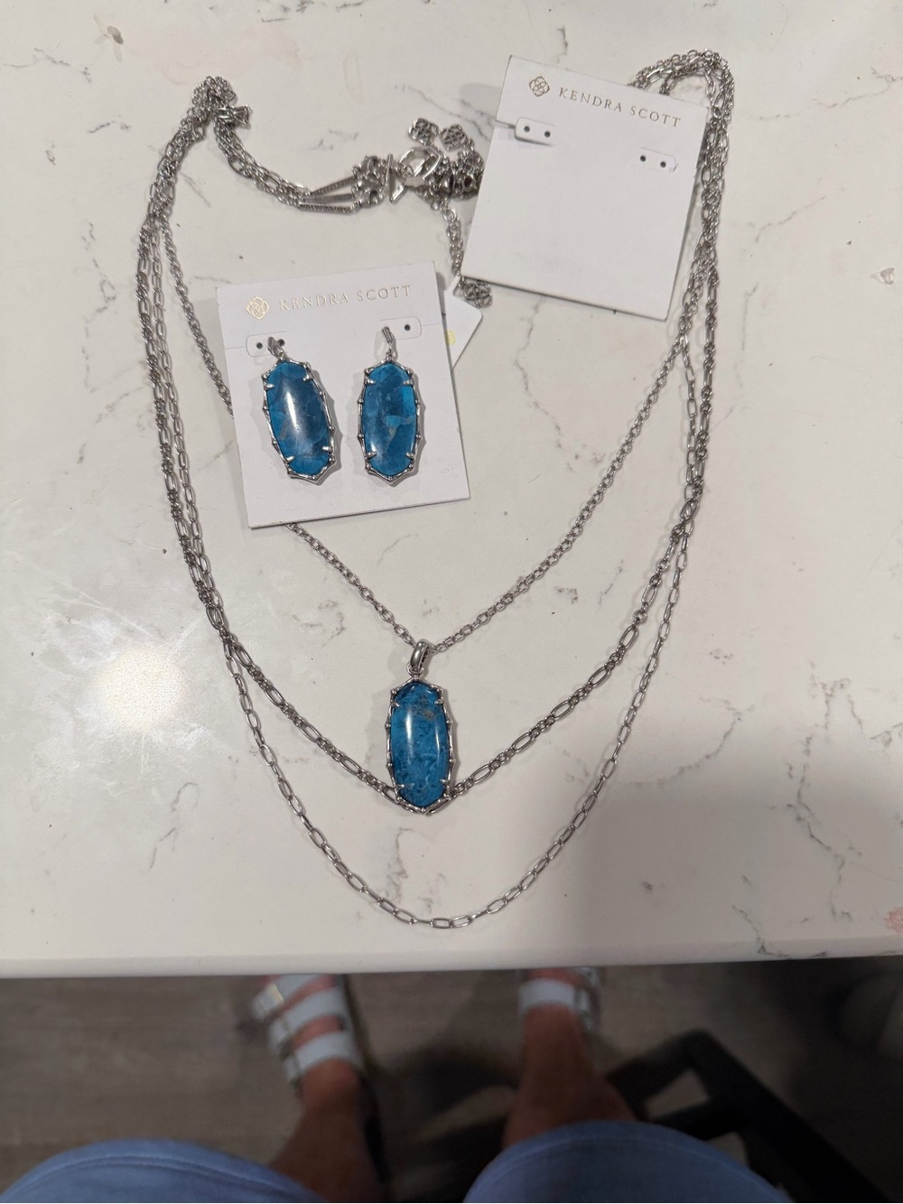 Kendra Scott Silver Layered ELLE BAMBOO BLUE TOGGLE nrcklace & earrings set